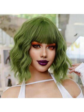 Women's Green Soft Short Bob Style Synthetic Shoulder Length Curly Wigs